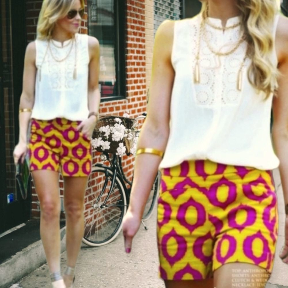 Anthropologie High-Waist Yellow & Pink Patterned Shorts
